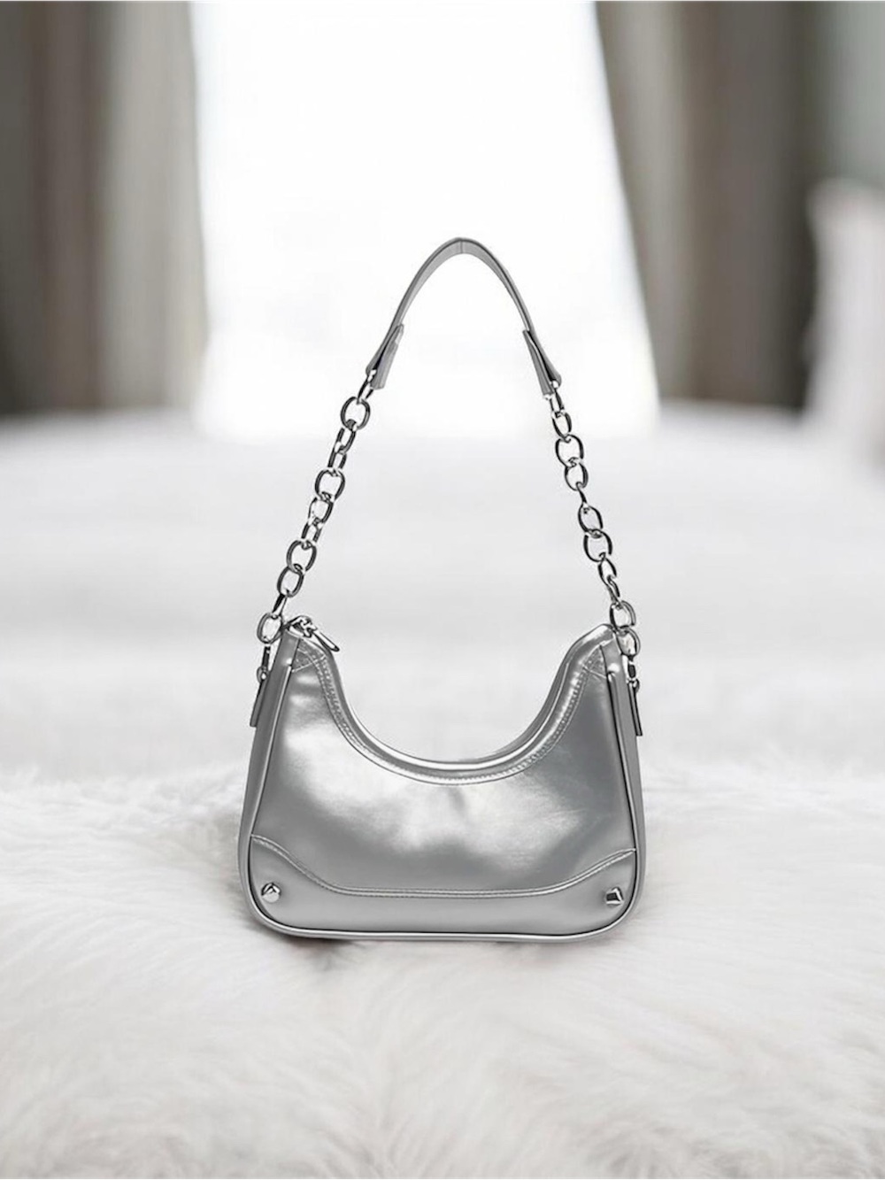 Sleek Silver Chain-Handle Shoulder Bag